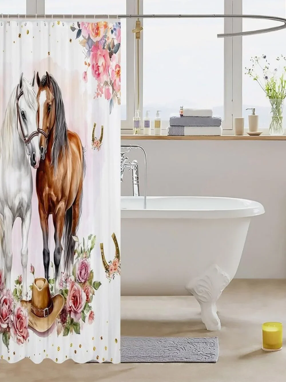 Western Horse Bathroom Decor,Cowgirl Boot Hat Shower Curtain Set for Girls Kids